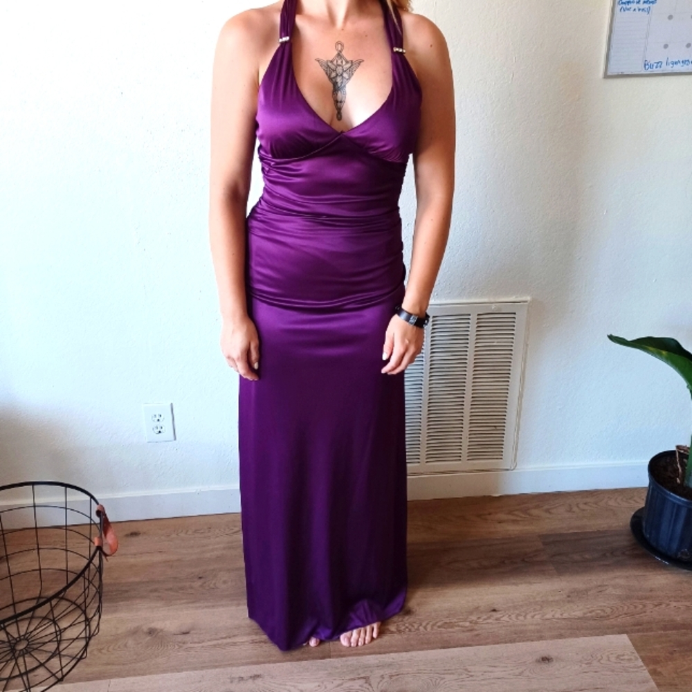 Purple Formal Crossback Evening Jeweled Dress
